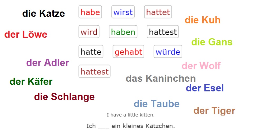 Deutsch Übungen, German exercises Verb HABEN - Names of Animals<br>(20 sentences)