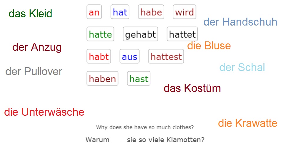 Deutsch Übungen, German exercises Verb HABEN - Clothes<br>(20 sentences)