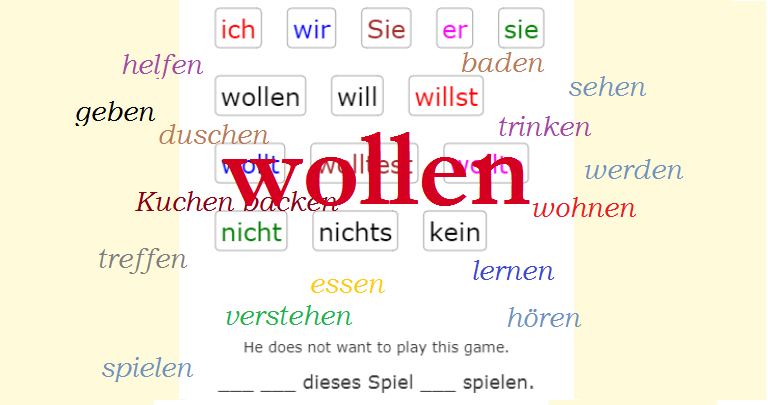 Deutsch Übungen, German exercises Verb WOLLEN with most frequent verbs<br>(20 questions)