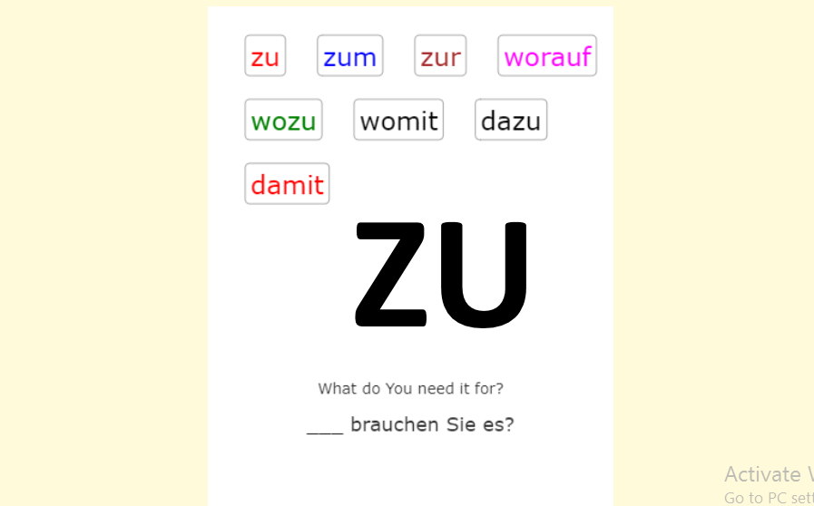 Deutsch Übungen, German exercises German preposition ZU<br>Deutsch - Präposition - ZU<br>20 questions