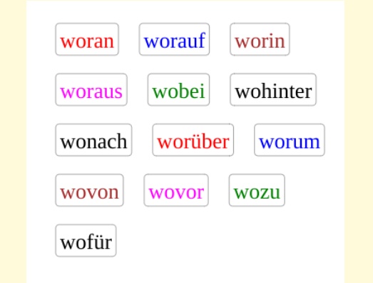 Deutsch Übungen, German exercises German WO- compounds<br>Deutsch - WO-Wörter <br>20 questions